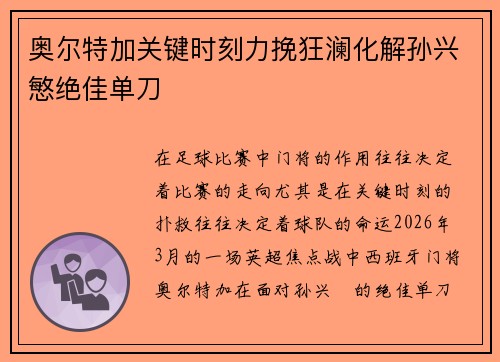 奥尔特加关键时刻力挽狂澜化解孙兴慜绝佳单刀 奥尔特加关键时刻力挽狂澜化解孙兴慜绝佳单刀