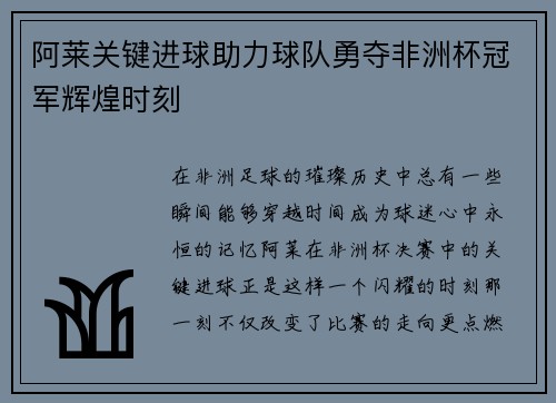 阿莱关键进球助力球队勇夺非洲杯冠军辉煌时刻